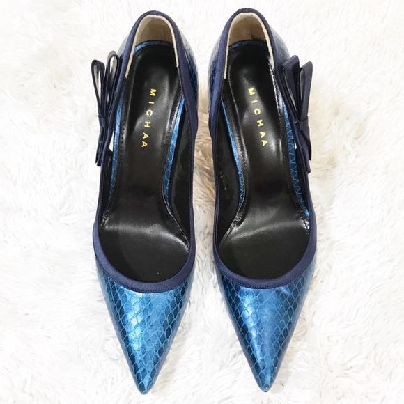 MICHAA Designer Blue Leather & Satin Bow Heels - Picture 2 of 7